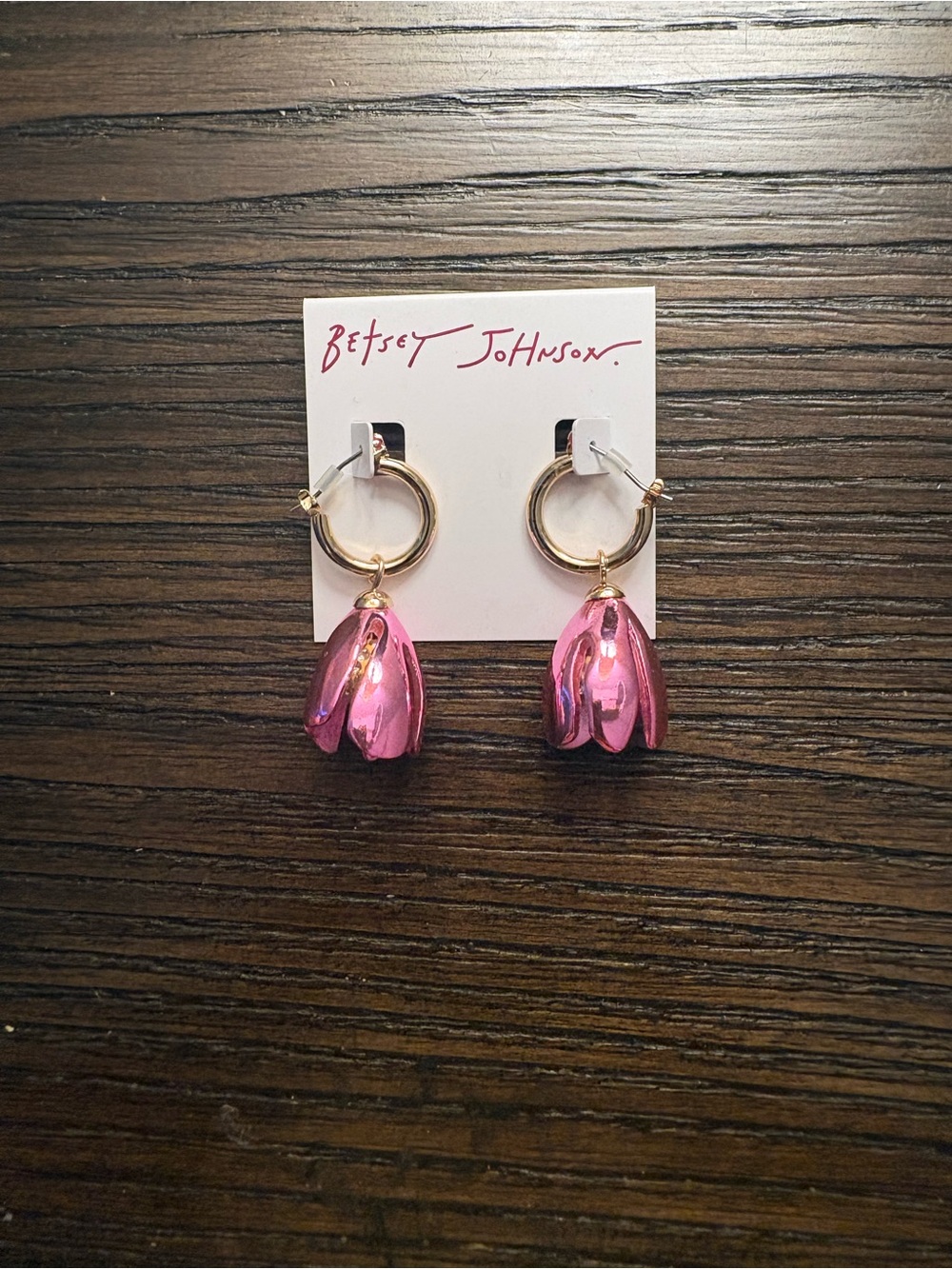 NEW Betsey Johnson Gold Hoop Earrings with Metallic Pink Petal Drops